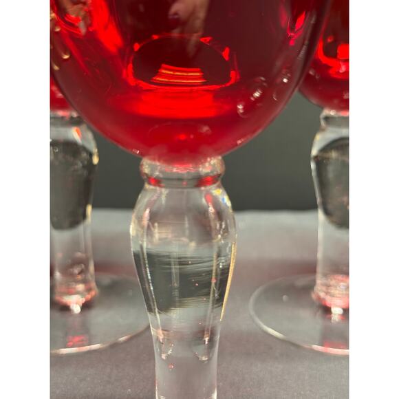 Set of 5 Handblown Ruby Red Bell-Shaped Goblets with Clear Stems – Elegant - Picture 9 of 12